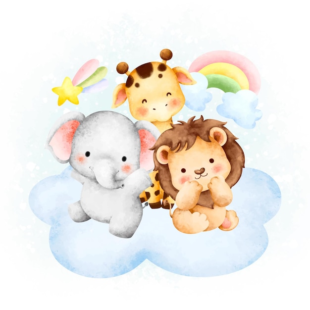 Vector watercolor cute safari animal sitting on the cloud