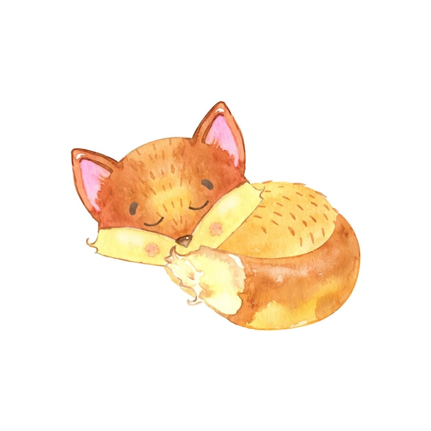 Watercolor cute sleeping fox