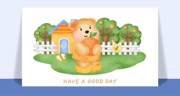 Watercolor cute teddy bear  in garden card.