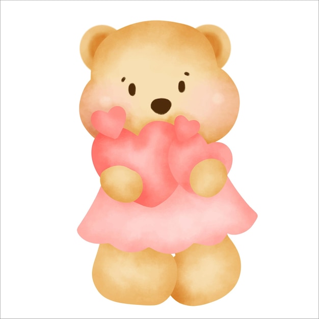 Vector watercolor cute teddy bear for greeting card, valentine's card.