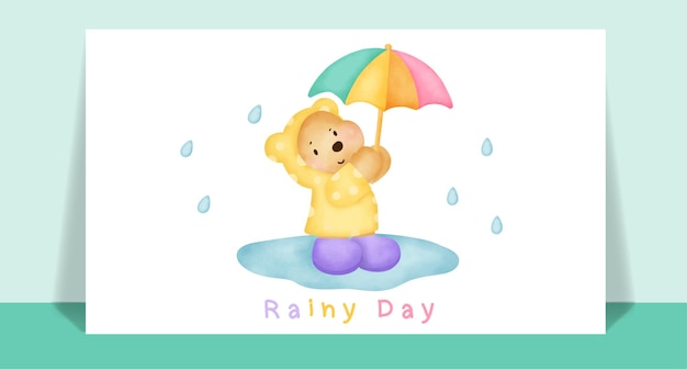 Watercolor cute teddy bear  in the rain for greeting card