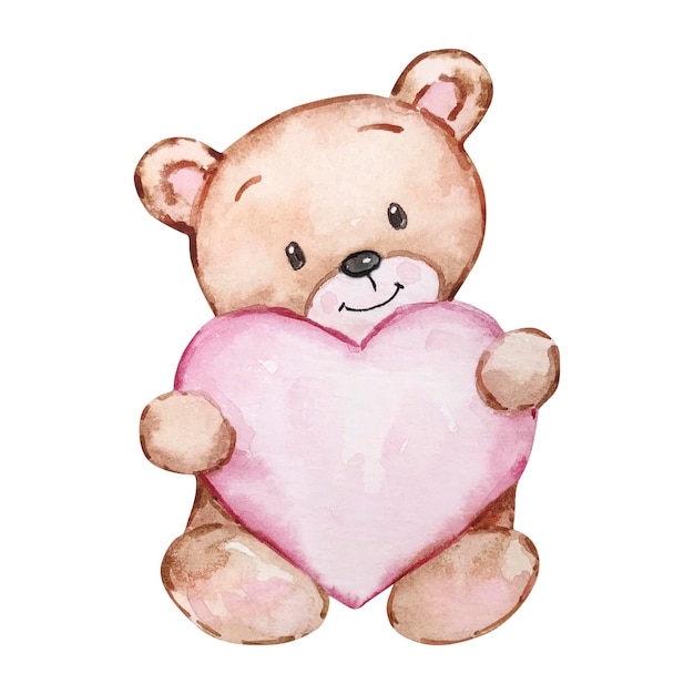 Watercolor cute Teddy Bear with heart Valentines Day