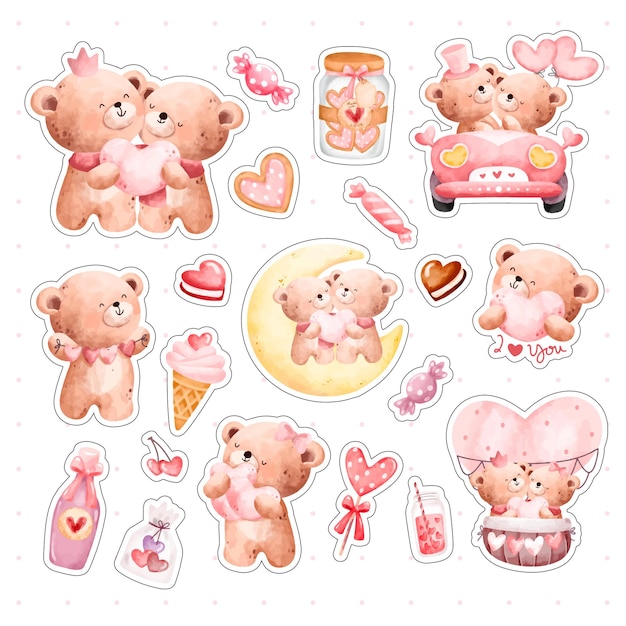 Vector watercolor cute teddy bear with love elements sticker set
