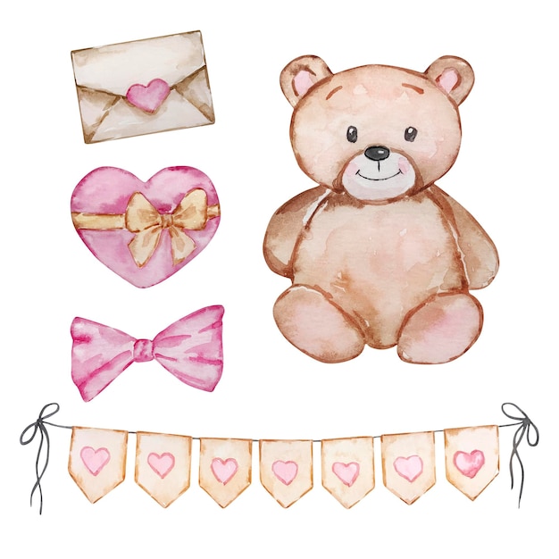 Watercolor Cute Teddy Bears Valentine's Day