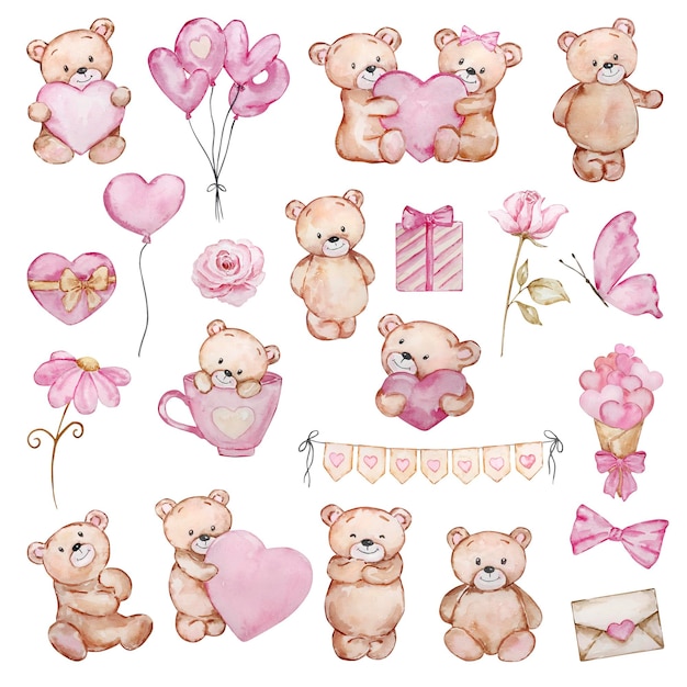 Vector watercolor cute teddy bears valentine's day