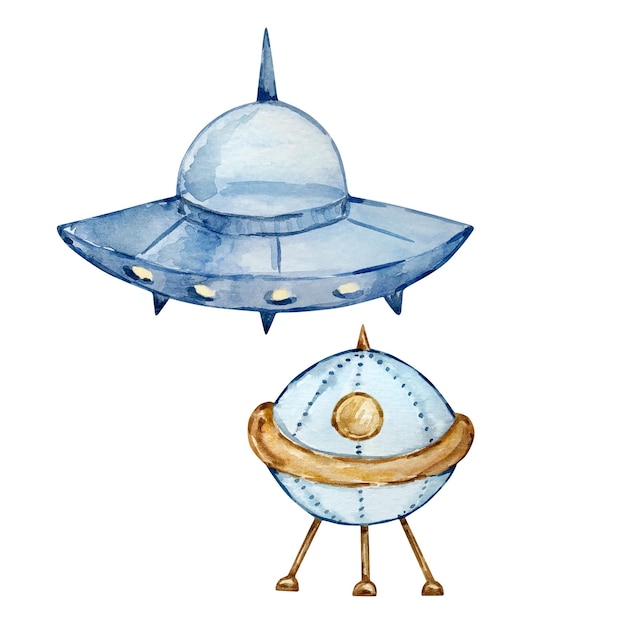 Vector watercolor cute ufo set space