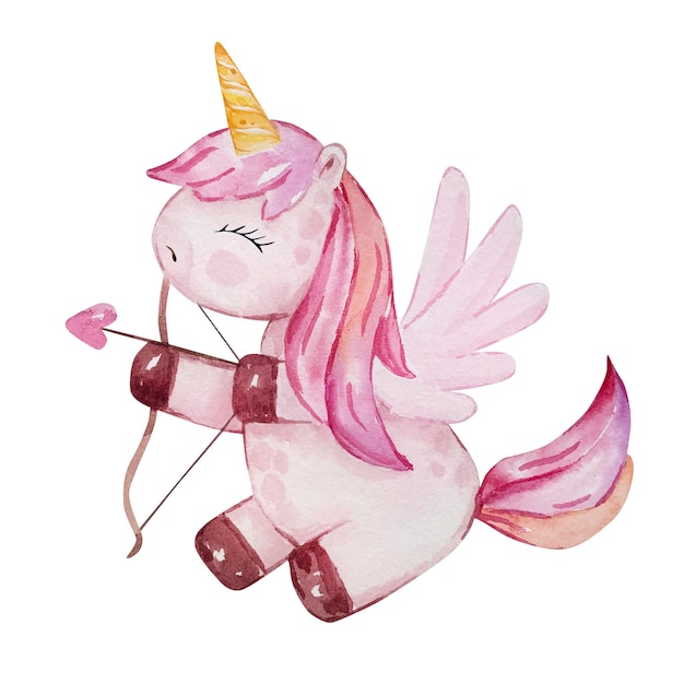 Vector watercolor cute unicorn cupid with wings and arrow