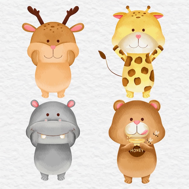 Watercolor cute wildlife animal collection clip art set hippopotamus giraffe reindeer bear