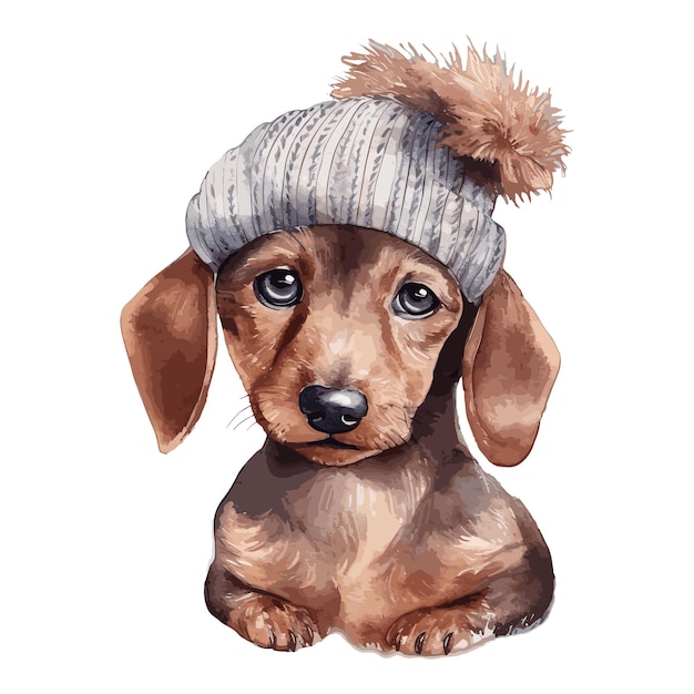 Watercolor Dachshund Puppy With Cotton Hat