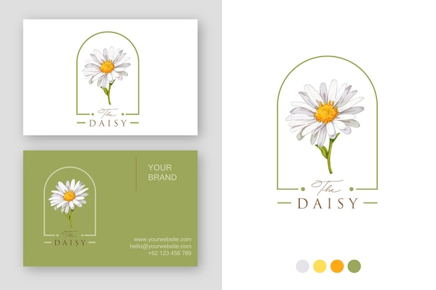 Watercolor daisy flower logo design business card template