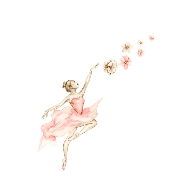 Composizione della ballerina di dancing dell'acquerello con i fiori. ballerina graziosa rosa. disegno a mano dell'acquerello il