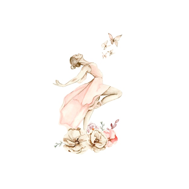 Watercolor dancing ballerina composition with flowers.Pink pretty ballerina. Watercolor hand draw il