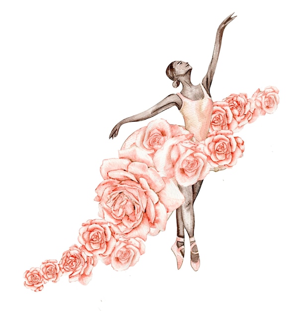 Vettore composizione della ballerina di dancing dell'acquerello con i fiori. ballerina graziosa rosa. disegno a mano dell'acquerello il