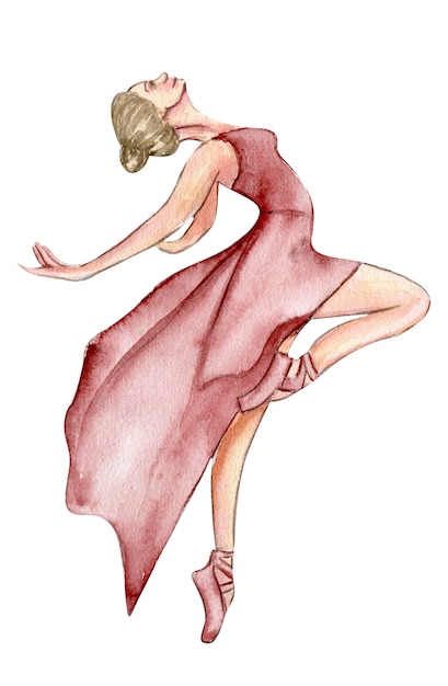 Watercolor dancing ballerina in pink dress. Isolated dancing ballerina. Hand drawn classic ballet