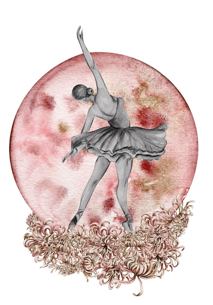 Watercolor dancing pink pretty ballerina with flowers and moon. Watercolor hand drawn illustration.