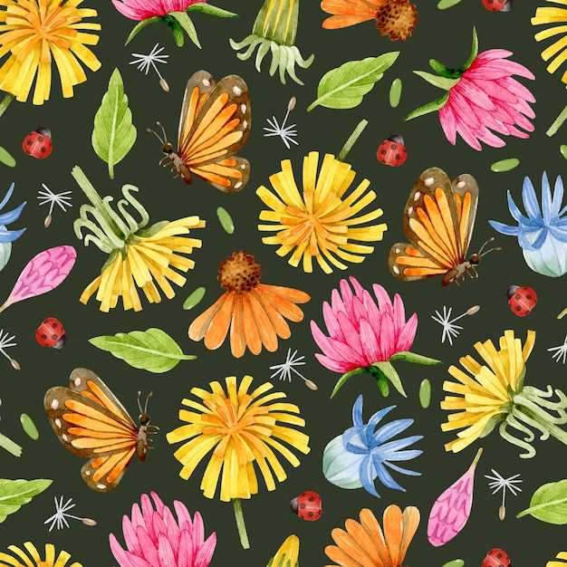 벡터 수채화 사탕수수 나비 클로버 꽃과 옥수수 꽃 원활한 패턴