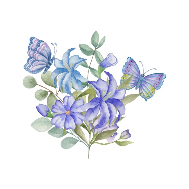 Watercolor decorative floral bouquet with lovely butterflies