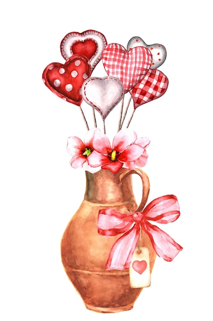 Watercolor Decorative Hearts in Rustic Vase