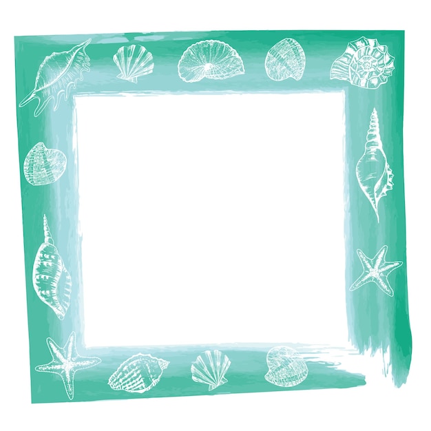 Vector watercolor decorative square frame with outlines of sea shells handdrawn ink illustration vector