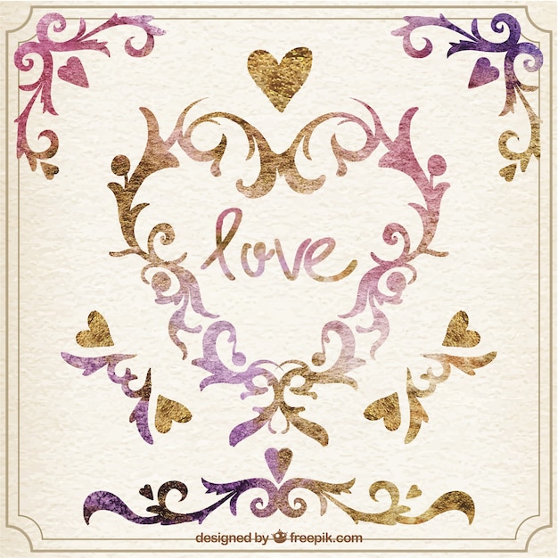 Vector watercolor decorative valentine heart with elements