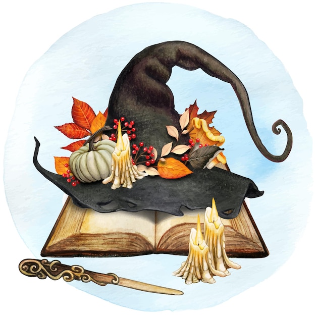 Watercolor decorative witch hat with fall leaves decoration