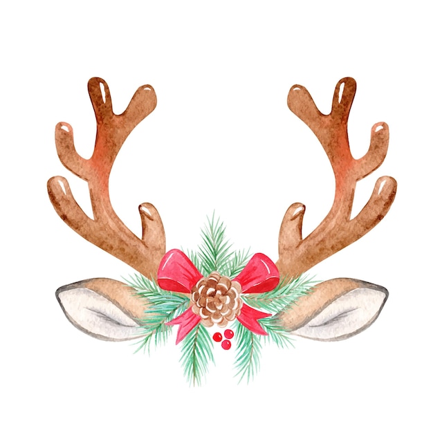 Watercolor deer antler with christmas decor isolated on white background