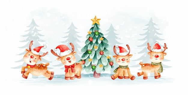 Watercolor deer and christmas tree banner