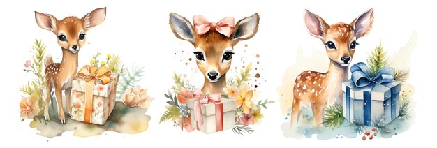 Acquerello di cervo clipart con regalo e fiori