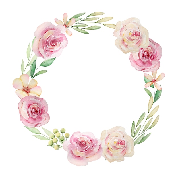 Watercolor delicate floral wreath with roses