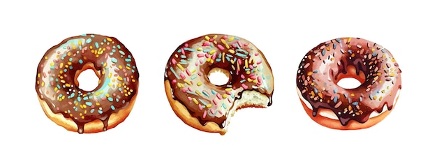 watercolor delicious donuts collection vintage sweet dessert food for birthday doughnut clipart vector illustration