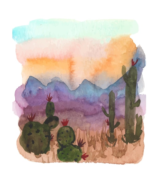 Vector watercolor desert landscape with cacti hand painted