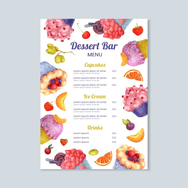 Vector watercolor dessert bar menu template