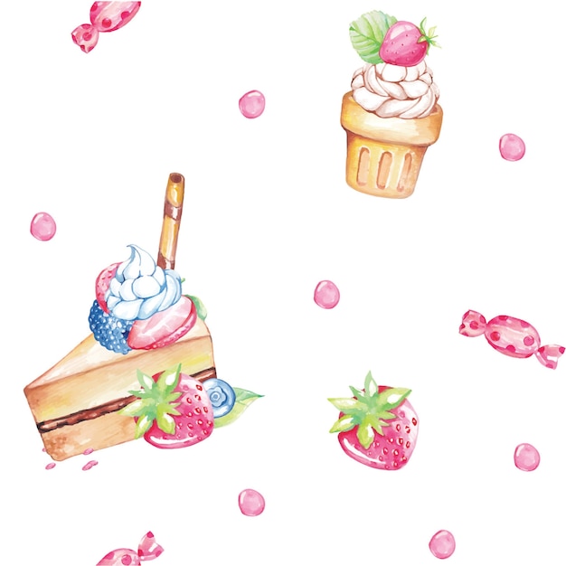 Vector watercolor dessert seamless pattern