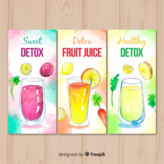 Vector watercolor detox fruit juice cards