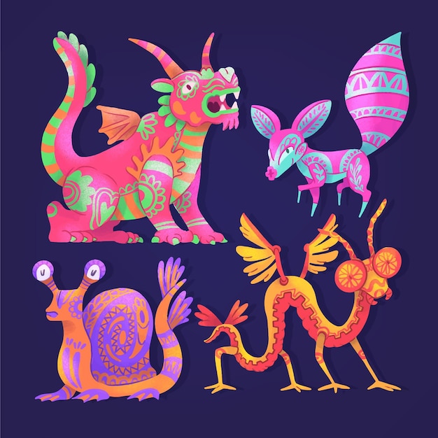 watercolor dia de muertos alebrijes collection