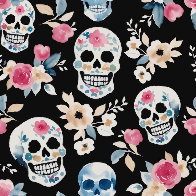 watercolor dia de muertos seamless pattern with skulls and flowers