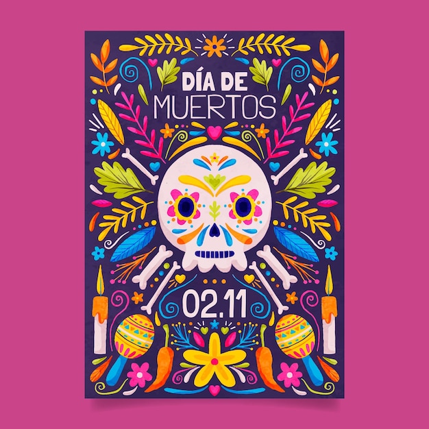 Watercolor dia de muertos vertical poster template