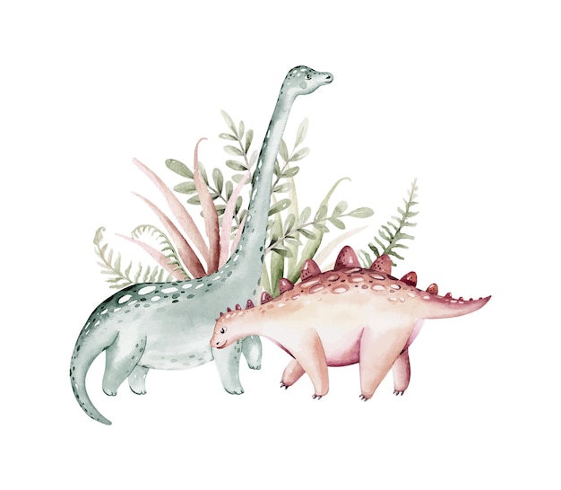 Watercolor dino illustration Cute animal Tropical floral composition Arrangement for kids decor