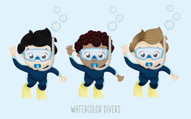 Vector watercolor divers set