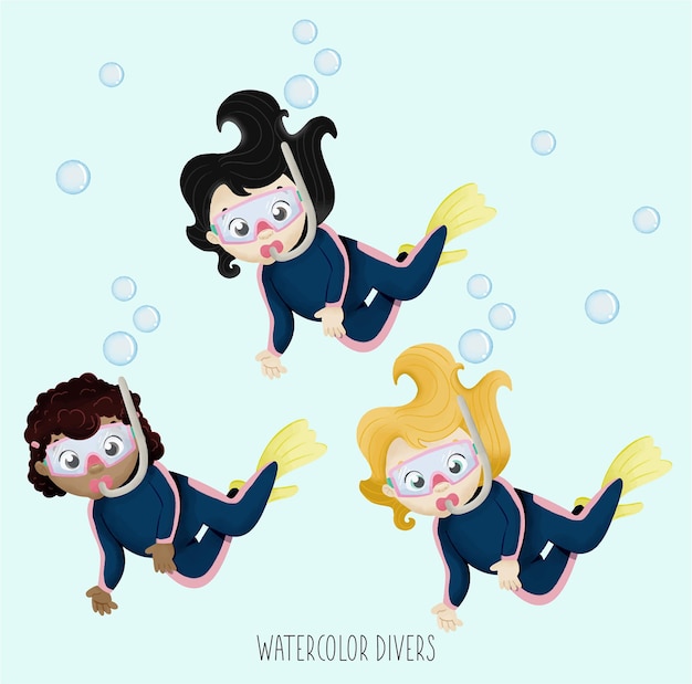 Vector watercolor divers set