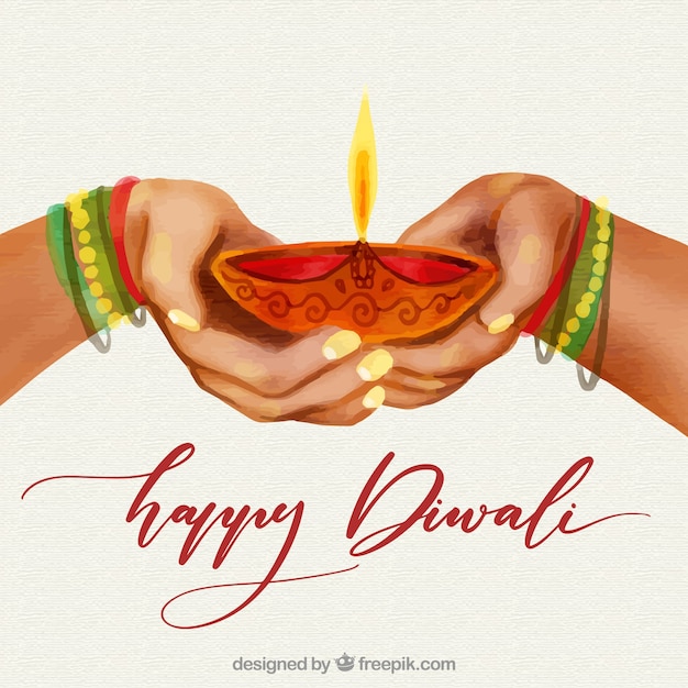 Watercolor diwali background with hands design