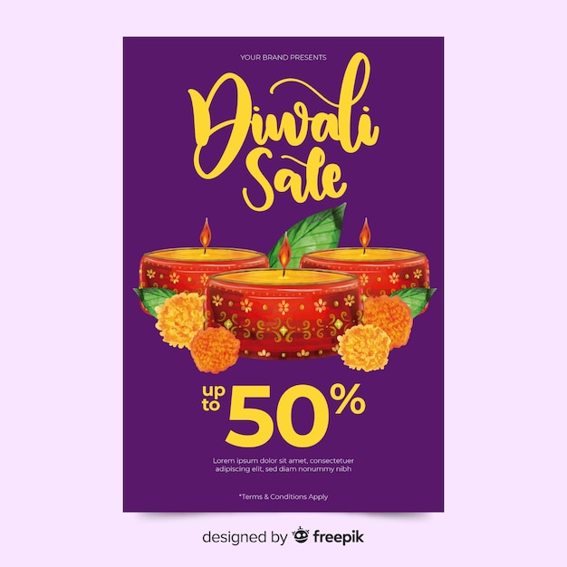 Vector watercolor diwali sale flyer template with candles