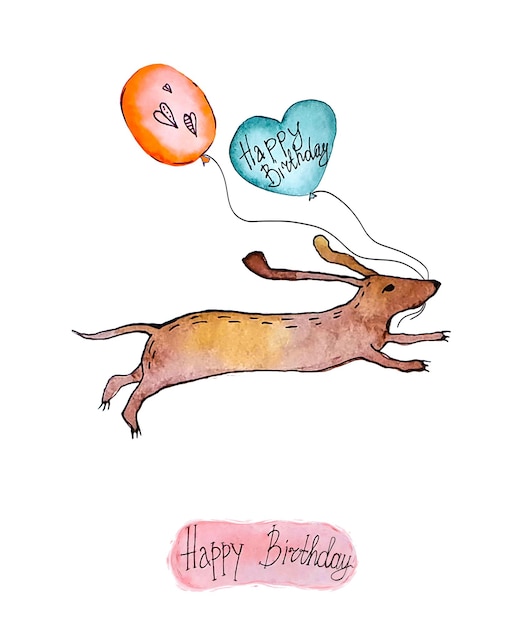 Watercolor dog clipart with balloons and Happy birthday on a transparent background.