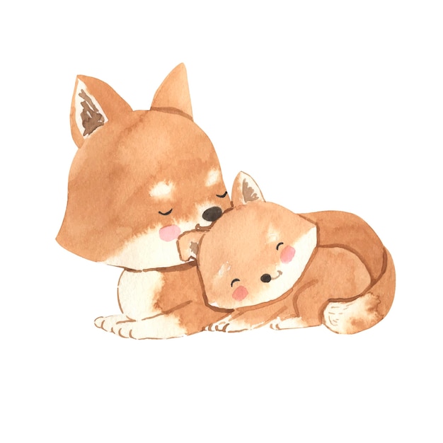 Watercolor dog mother and baby illustration