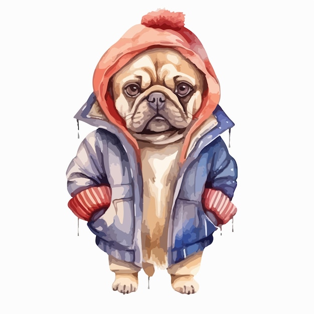 Vector watercolor dog wearing clothes playfull funny white background isolated