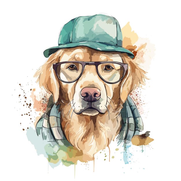 watercolor dog wearing glasses golden dog illustration