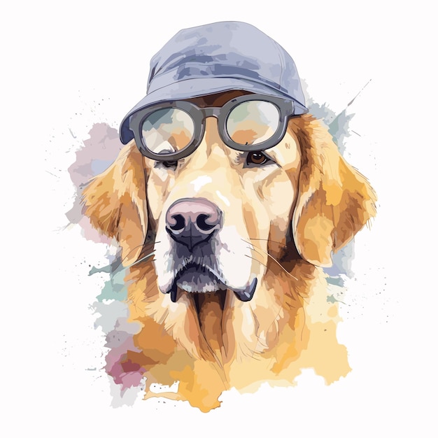 watercolor dog wearing glasses golden dog illustration