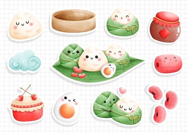 Watercolor Dragon Boat Festival Rice Dumpling Sticker Vector illustration