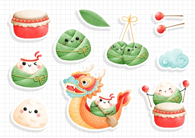 Vettore acquerello dragon boat festival rice dumpling sticker illustrazione vettoriale