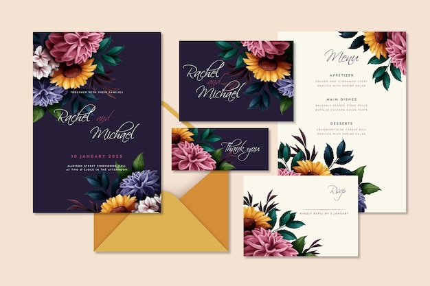 Watercolor dramatic botanical wedding stationery